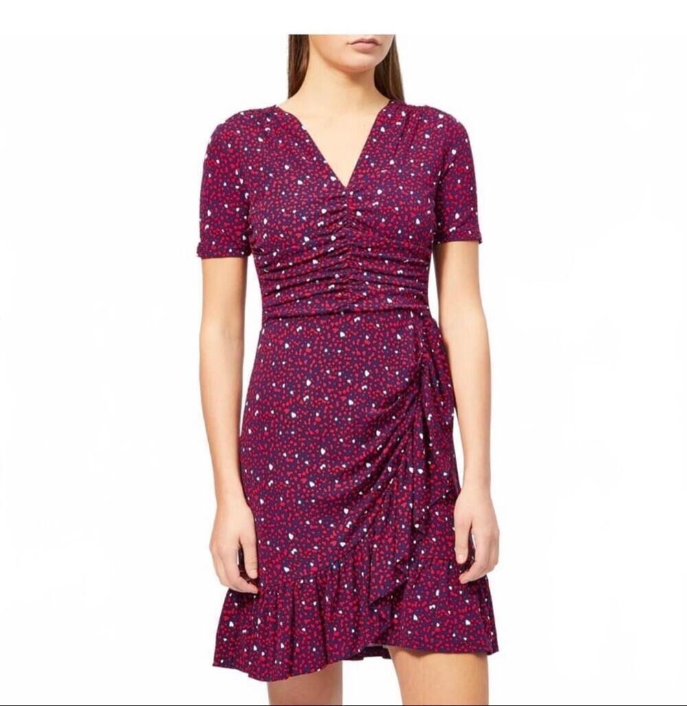 Michael Kors Navy Blue/Red White Heart Print Flounce Ruffle stretch Dress sz XS
